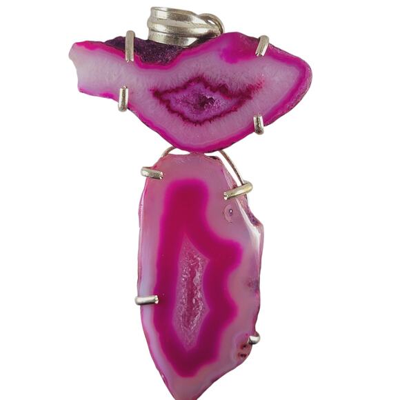 Pink Agate Geode Slice Sterling Silver Pendant 2.5" Eye Pattern Drop - Picture 2 of 10